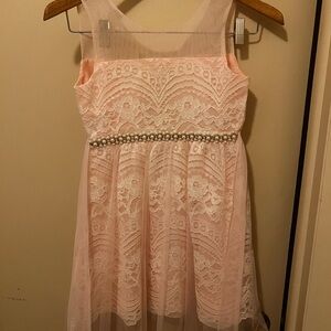 Rare Editions Pale Pink Lace Dress with Pearl Waist